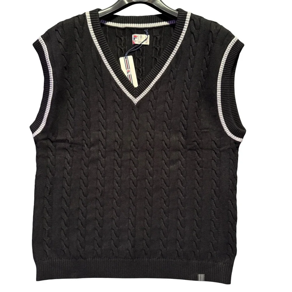 FILA Baseline Cable Knit Vest‎ Mens Large Black Sleeveless Sweater Heavyweight